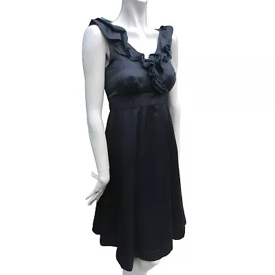 MONSOON Dress Size 8 Black Satin Silk Blend Retro 50s Ruffle V-Neck Flared LBD • £18