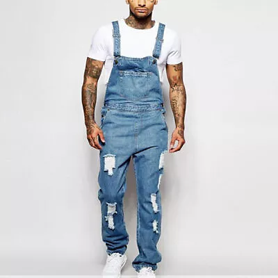 Mens Denim Dungaree Overalls Pants Trousers Bib Ripped Cargo Jeans Jumpsuit US • $41.49