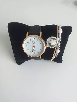 Watch And Bracelet Set Ladies Women Girls Fashion Leather Strap Wristwatch Gift • £4.99