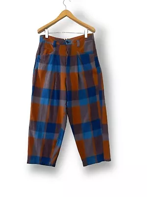 Free People Plaid Balloon Leg Trousers Size 12 Blue Brown Checked Crop • £47