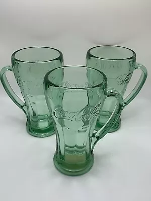 Vintage Libbey Coca Cola Genuine Coke Green Glass 14.5 Ounces With Handles Set 3 • $18