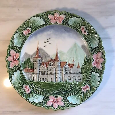 Antique Austrian Majolica Castle Relief Porcelain Plate Platter 1890s Green • $19.96