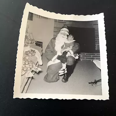 Vintage Snapshot Christmas Photo Little Girl With Santa In Living Room • $4.99