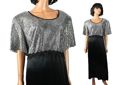 Vintage Cocktail Dress 24 3X 90s Shiny Silver Sequin Black Satin Long Prom Gown • $63.75