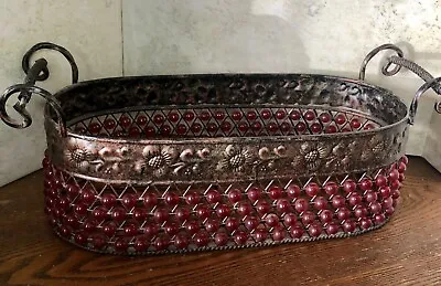 Vintage Wire And Bead Basket Bowl Medium Size Red Color Beads Christmas • $17.99
