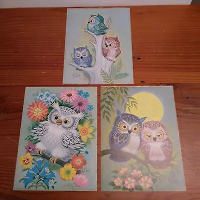 1973 - 3 Vibrant Owl Flower Branch Posters Lithographs - 12  X 9  - 1970s K Chin • $14.99