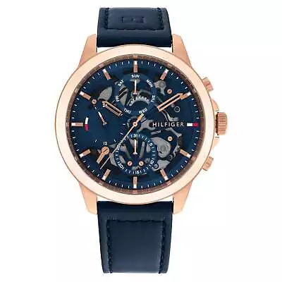 Tommy Hilfiger Leather Band Blue Dial Men's Multi-function Watch - 1710475 • $261