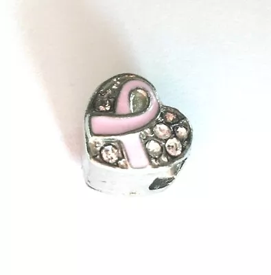 Breast Cancer Rhinestone Heart Shaped Ribbon Charm For European Bracelet • £1.99