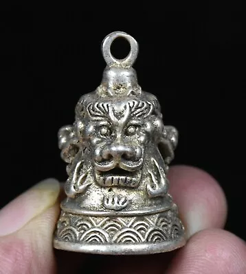 3.7CM Old China Miao Silver Feng Shui 3 Face Lion Beast Head Lucky Pendant Bell • $12