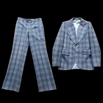 RARE VINTAGE 1970s HANDMADE GLAM ROCK BLUE CHECK TWO-PIECE SUIT 36C / 29W32L • £5.50