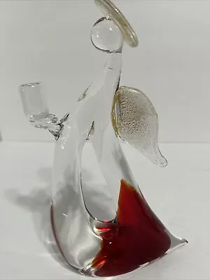 9.5”Vintage Murano Glass Gold Flecked Red & Clear Angel Candle Holder • $109.95