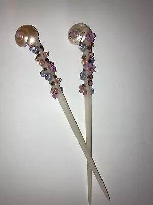$35 • Buy Jeweled HAIR STICK PINS Shell Bun Updo French Twist Lavender Tropical Luau 1950s