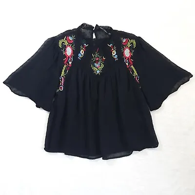 $10 • Buy Zara Top XS Black Colorful Embroidery Lace High Neck Bell Sleeve Boho Peasant