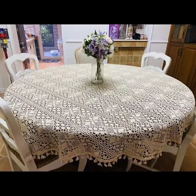 Vintage Handmade Crochet Lace Tablecloth Doily Square Table Topper Wedding Party • $45.89