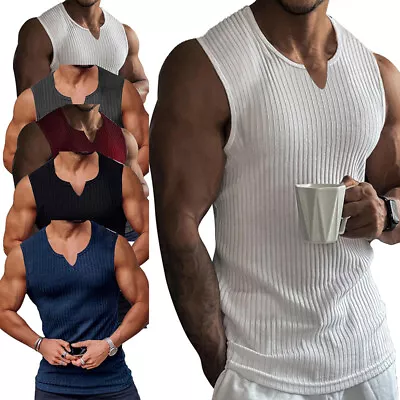 Mens Ribbed Knit Tank Tops Vest Undershirt Solid Color Gym Workout Muscle Shirt • $13.94