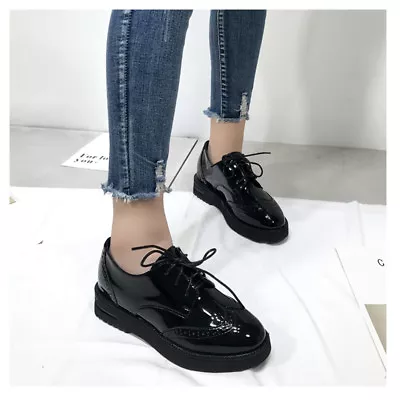 Women Platform Lace Up Oxfords Hidden Heels Round Toe Black Brogues Shoes Loafer • $51.15