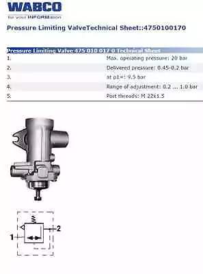 Wabco Pressure Limiting Valve 475 010 017 0  / 4750100170 [BB13] • $89.50