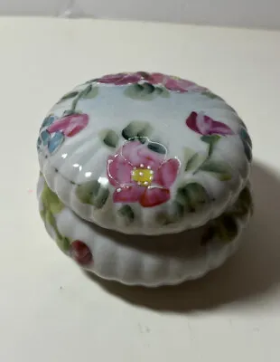 Vintage Porcelain Round Trinket Box Hand Painted Floral  Pink Red Japan • $8
