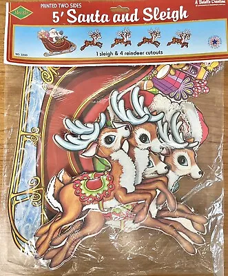 $15 • Buy Vintage Christmas 1978 Beistle 5Ft Santa & Sleigh 2 Sided Die Cutouts SEALED