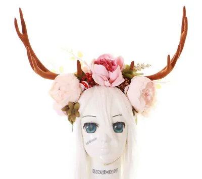 C-55 Deer Hirsch XXL Antlers Fantasy Forest Fe Flowers Headband Headdress Lolita • £42.66