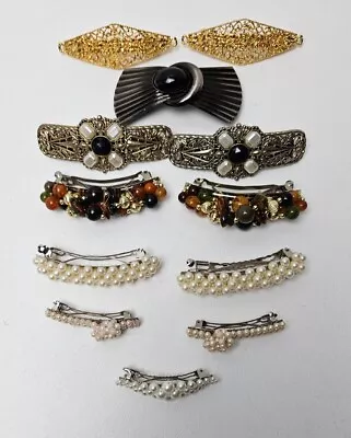 Vintage Hair Clips Barrettes Lot Jeweled Metal Rhinestone Silver Gold • $39.95