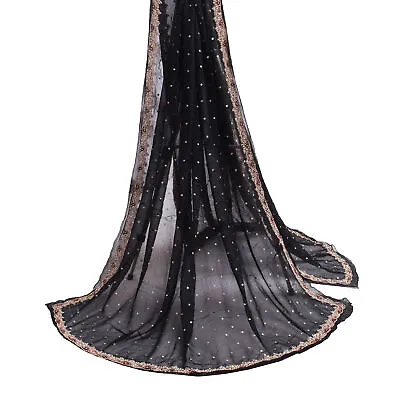 Sushila Vintage Black Dupatta Pure Georgette Silk Hand Beaded Zardozi Long Stole • $32.99