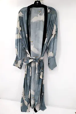 Zara Kimono Robe Womens Medium Blue Heron Bird Print Belted Japanese Style Open • $79.95