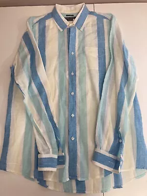 Island Company 100% Linen Long Sleeve Button Down Blue/White Striped Medium • $12.99