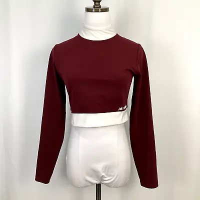 Staud Burgundy Long Sleeve White Collar/Hem Crop Top Sz M • $45