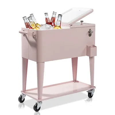 80QT Outdoor Party Rolling Cooler Cart Ice Beer Beverage Chest With Wheels Pink • $136.99