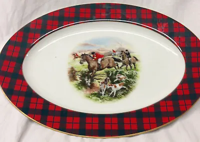 Thornberry's Usa Maxwell Plaid 14 1/4  Oval Platter Hunting Scene Horses Dogs • $124.99