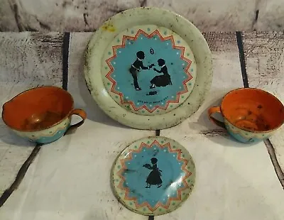 Vintage Ohio Art Tin Tea Set Cup Saucer Plate Mid Century Courting Couple  MCM • $9.99