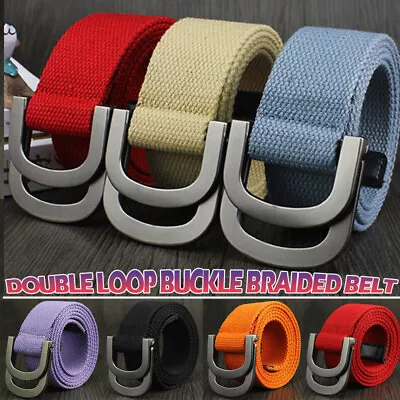 Mens Womens Belt Canvas D Ring Buckle Woven Military Combat Waist Waistband • £5.33