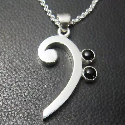 Mjg Sterling Silver  Med. Bass Clef Pendant. 1 3/4 . 2 Onyx - 6mm. Guitar Player • $95.83