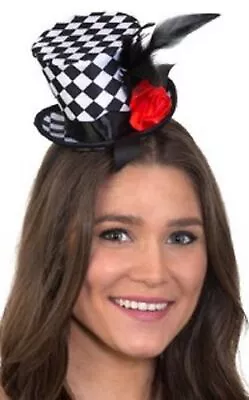 Checkered Mini Top Hat - Mad Hatter - Feathers & Flower - Costume Accessory • $10.99