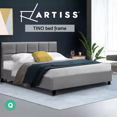 Artiss Bed Frame Queen Size Mattress Base Wooden Platform Fabric Grey TINO • $148.95