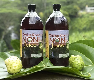 100% HAWAIIAN WAILUA RIVER NONI JUICE Certified Organic: Two Glass 32 Oz Bottles • $58