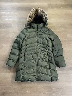 Marmot Coat Womens XL 700 Down Fill Montreal Long Parka Faux Fur Hooded Jacket • $74.90