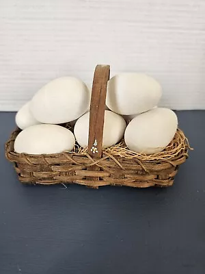 Vtg Farmhouse Wicker Basket 8 Chicken White Wood Eggs Painted Flowers On Handle • $18