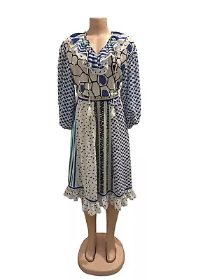 Vintage 1980s Diane Fries Size Med/large Georgette Ruffle Blue Stripes Dress • $89.99