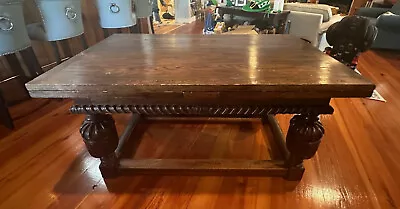 Antique English Oak Carved Draw Leaf  Dining Center Console Refectory Table • $6000