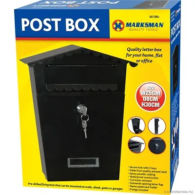 BLACK STEEL POST BOX LETTER MAIL WALL MOUNTED HOME Office Outdoor LOCK With Keys • £19.99