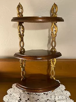 Vintage Sexton 3-Tier Wood & Gold Metal Corner Shelf Wall 20 X 10 X 6.5 • $25