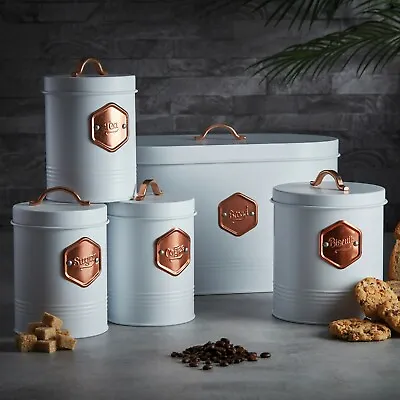 Kitchen Storage Canister Jar Storage Set Bread Bin Sugar Tea Coffee White/Copper • £39.99