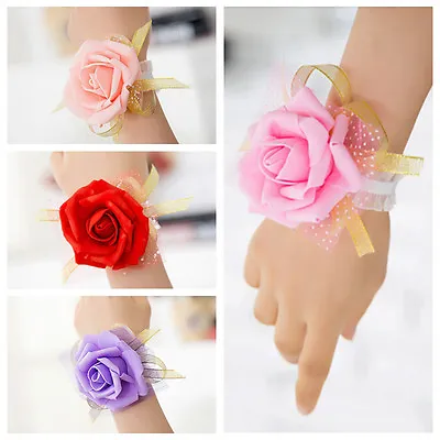 1x Bridesmaid Wrist Corsage Wedding Party Rose Bracelet Silk Flowers Ribbo:da • £2.98