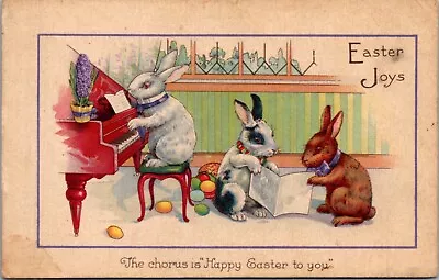 Easter Postcard Dressed Bunny Rabbits Playing Piano Singing Colored Eggs • $6