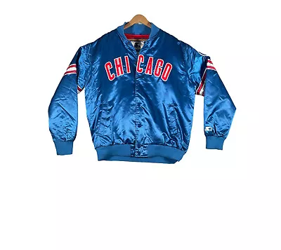 VINTAGE Chicago Cubs Starter Jacket Mens XL Blue Baseball Satin Lined Spellout • $64.98