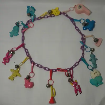 Vintage 1980s Bell Charm Plastic Chain Link Necklace Lots Of Charms 80s Googly • $49.99