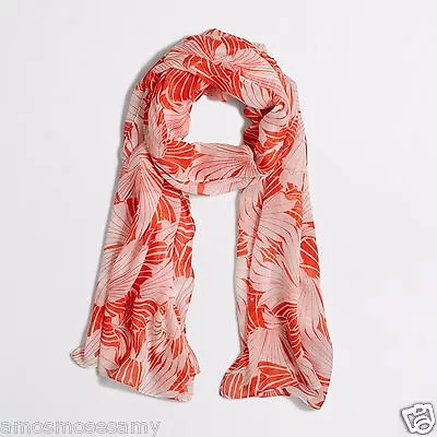 NEW J CREW Coral & White Tropical Leaf Print Scarf Wrap Spring Long 70 X 20 NWT • $18.99