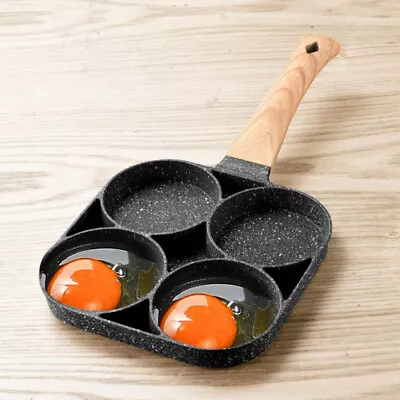 4 Round Hole Egg Frying Pan Egg Burger Pancake Pan Non-Stick Wooden Handle • £8.99